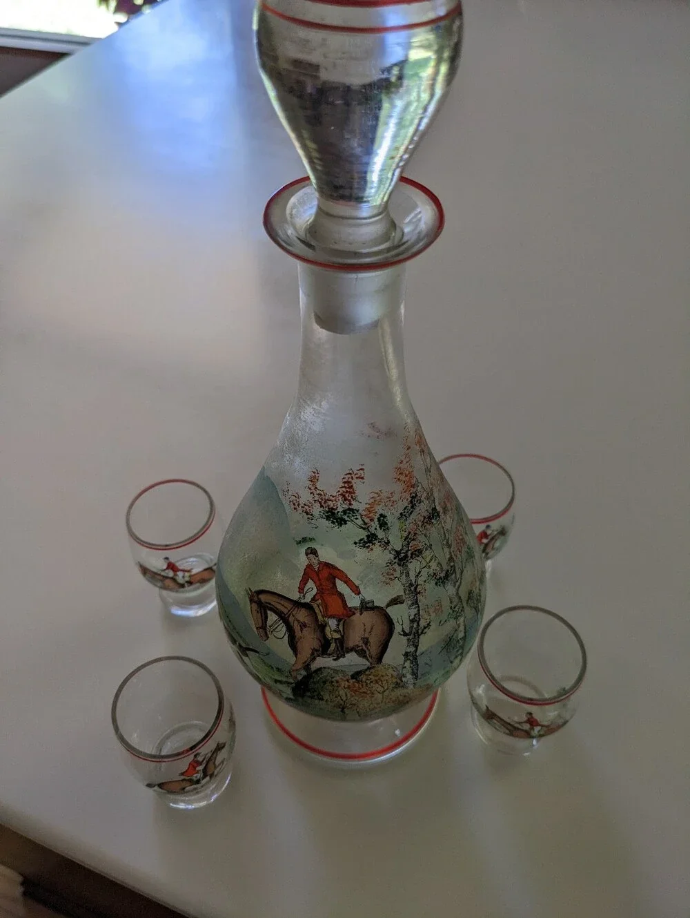1930's Czechoslovakian Glass Decanter Set with Equestrian Scene and Red Trim.